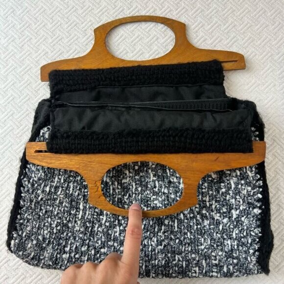 Vintage Handmade Woven Minimalist MCM Boho Clutch Bag Purse Wood Handle Retro - Picture 9 of 11